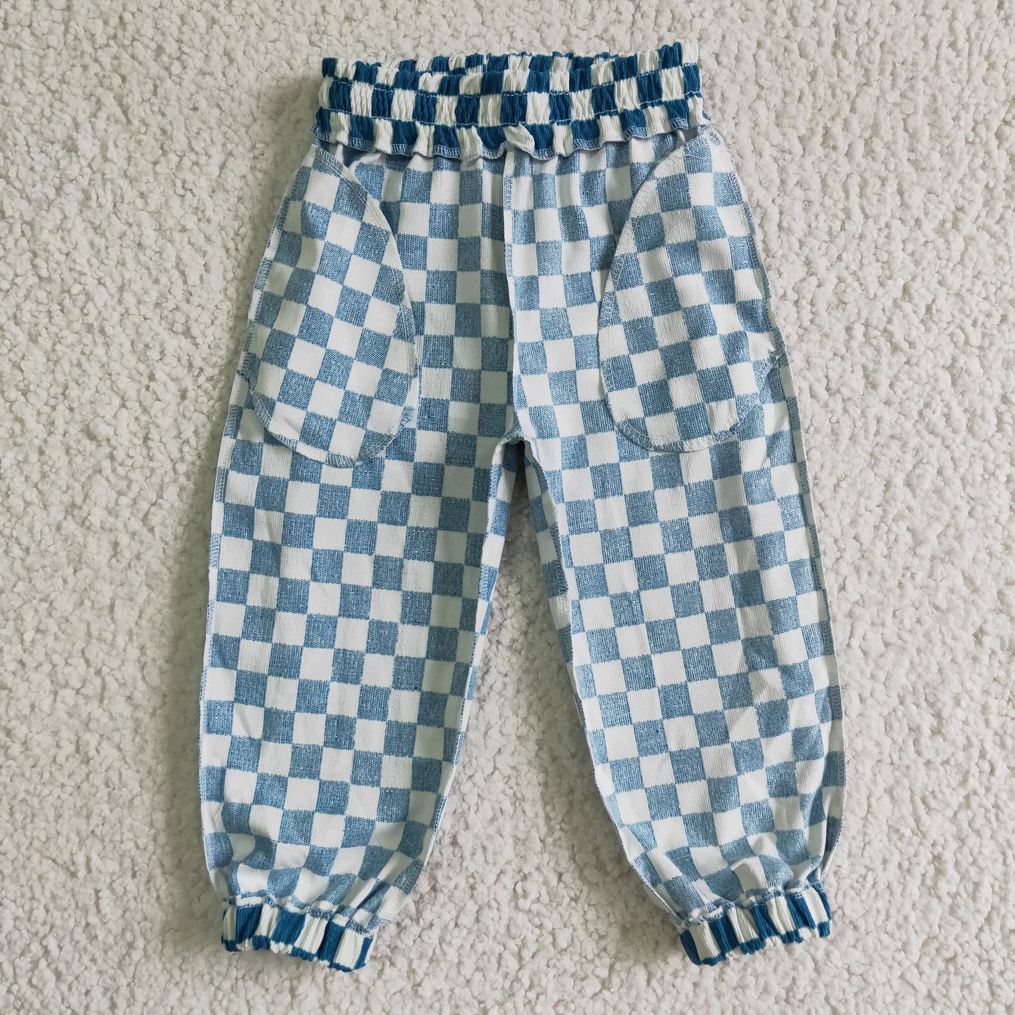 P0018 blue plaid checkerboard cotton long boy jogger pants RTS 20230228 RTS