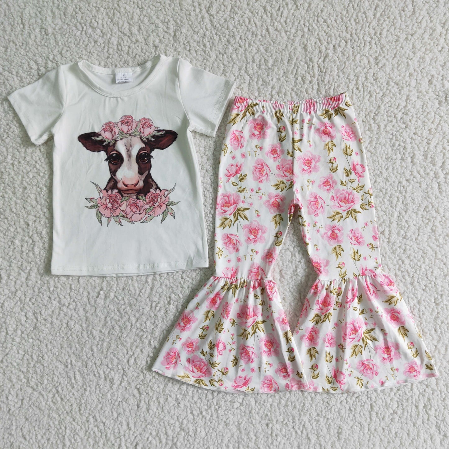 spring clothes white top pink flower pants cow print girl clothes outfit 0331