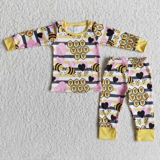 promotion pink yellow stripe bees boy long sleeve pajamas outfits