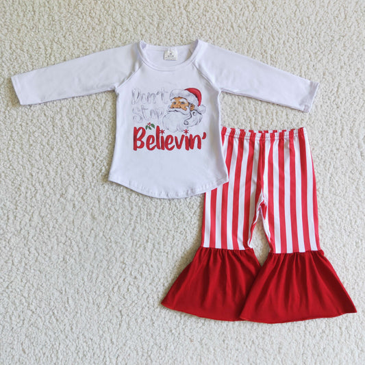 6 A19-30 Christmas santa white red stripe long sleeve bell bottom girl outfit RTS 20230724 RTS