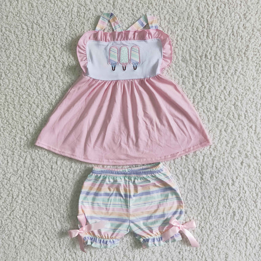 Embroidery ice cream popsicle print pink top shorts colorful stripe outfit bow 0331