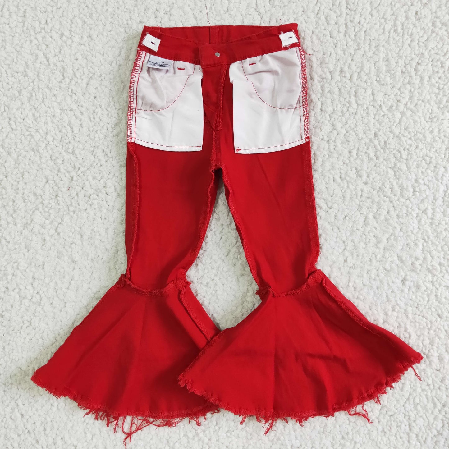 P0006 RTS red bleached double ruffles button jeans denim pants 20230527