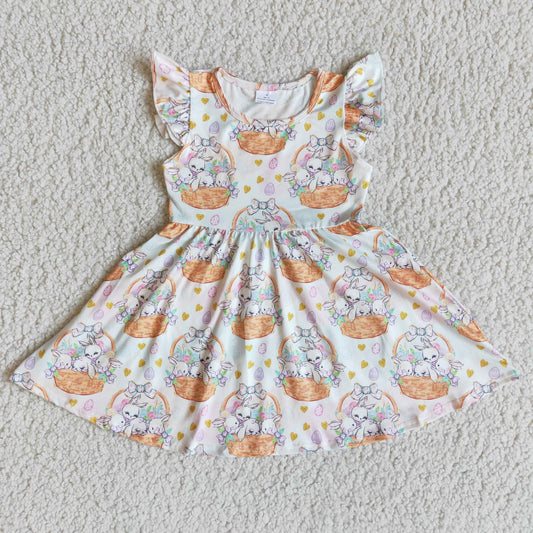 Promotion basket floral rabbit bow puffy short sleeve dress