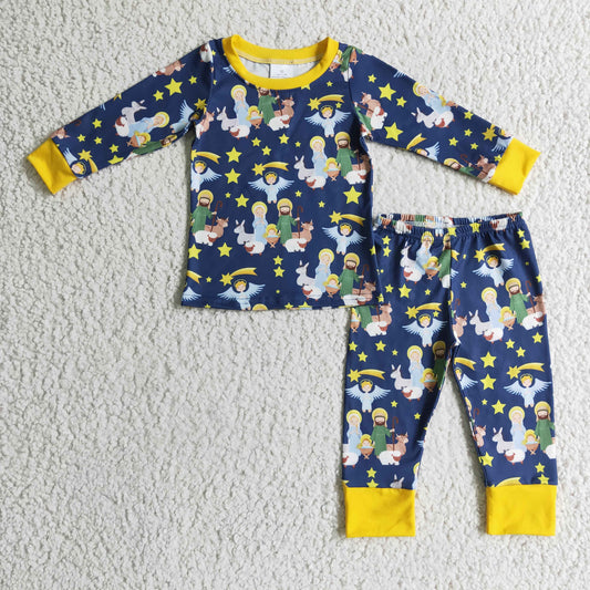navy yellow jesus long sleeve boy pajamas outfit 1026 RTS