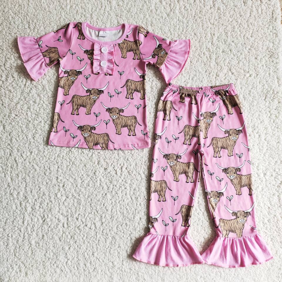 B7-25 RTS girl pink ruffles yak cow short sleeve girl pajamas outfit 20230613 RTS