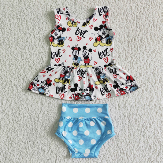 promotion GBO0011 RTS mouse print sleeveless white dots blue bummie set girl outfits 0329