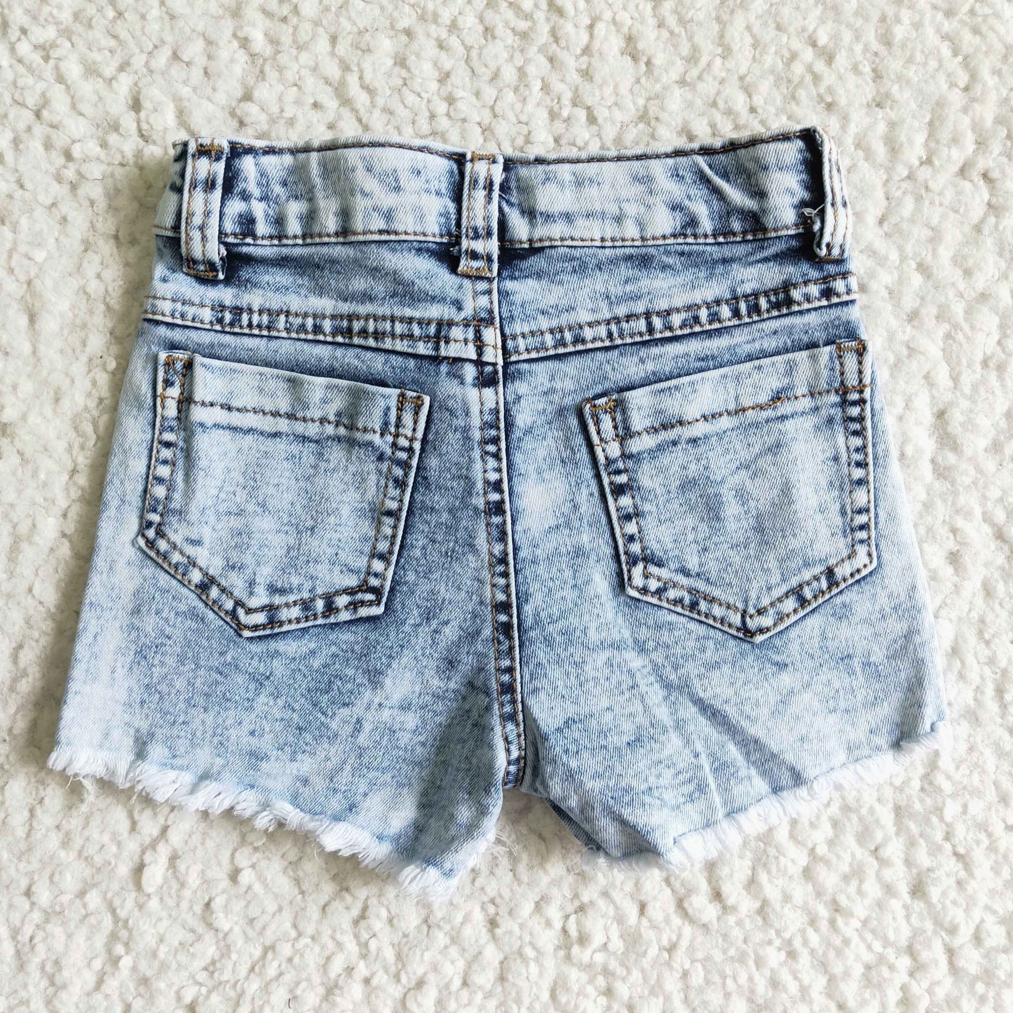 pockets button yak calf patch print blue denim shorts RTS 0609
