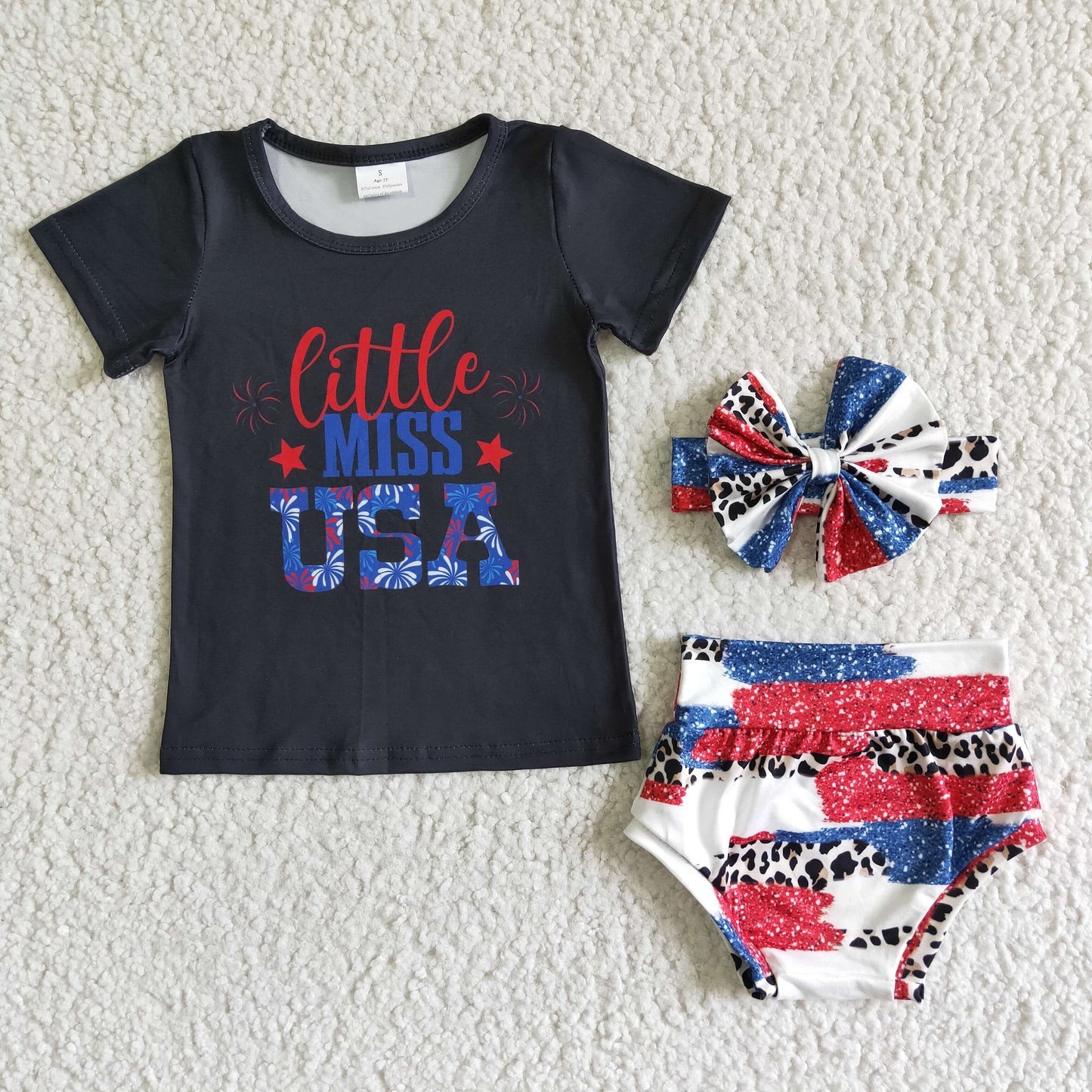 PROMOTION RTS (Choose Headband below ) little miss USA American national 4th July girls summer clothes short sleeve short pants outfit  0525