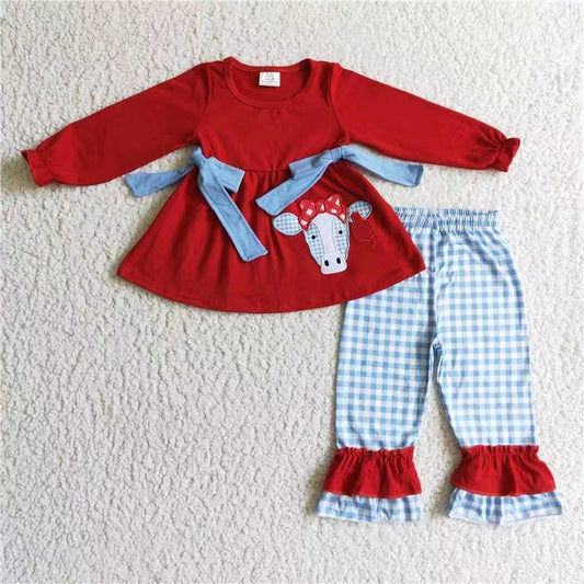 GLP0068 embroidery cow plaid short sleeve girl PJM outfit 20230114 RTS