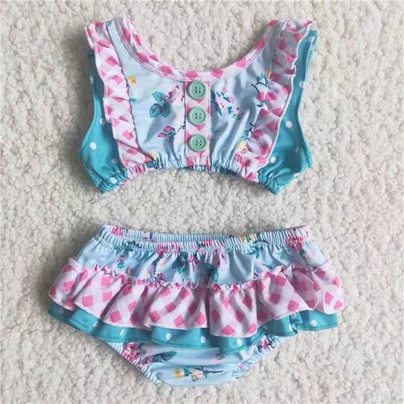 pink blue floral print 2pcs girl swimwear Jan0113