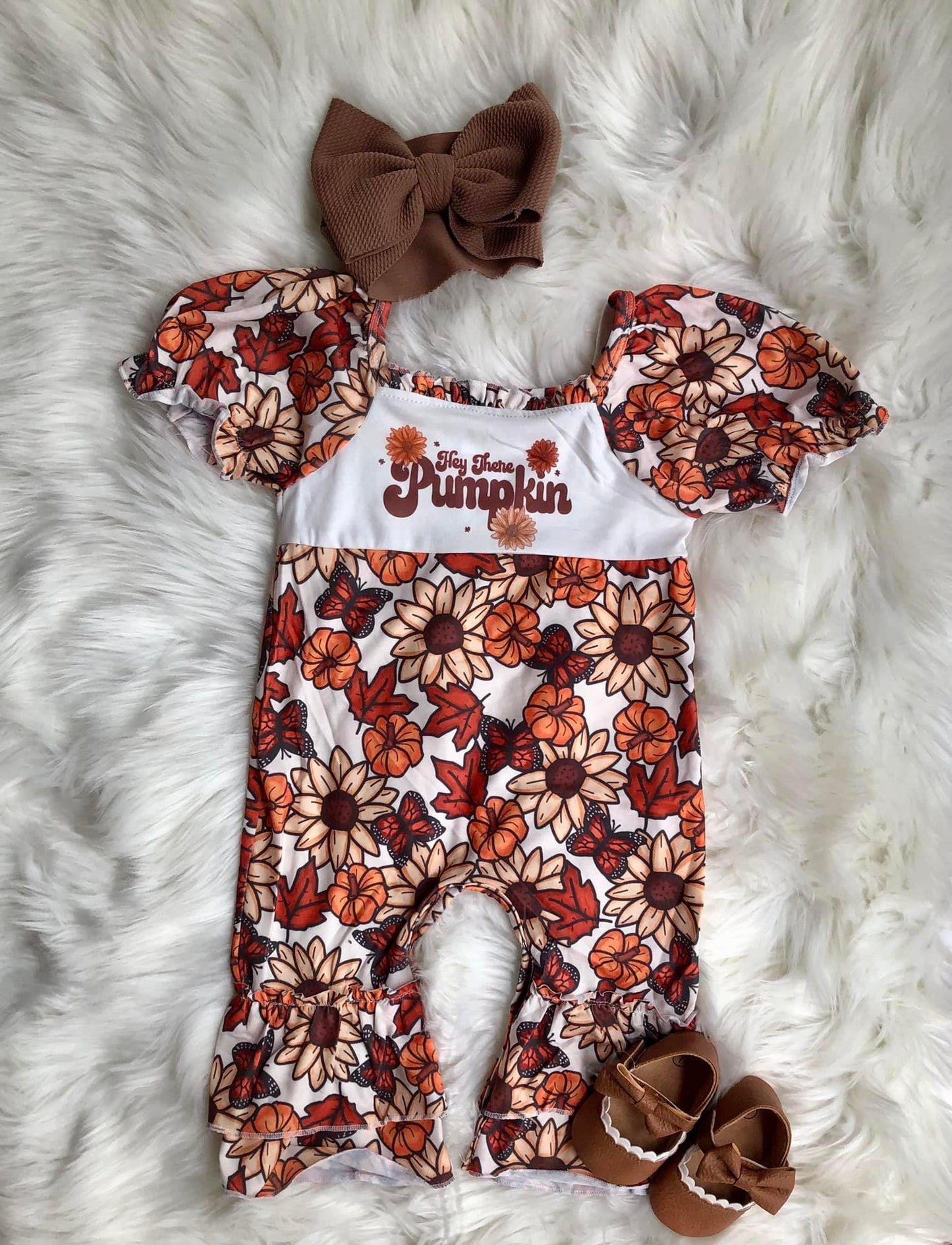 RTS 0919 hey pumpkin red floral white ruffles girl short sleeve romper