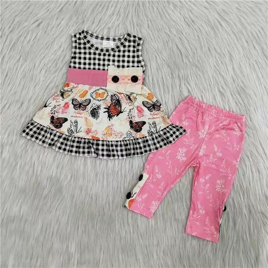 butterfly flowers stripe girl sleeveless pant girl outfit