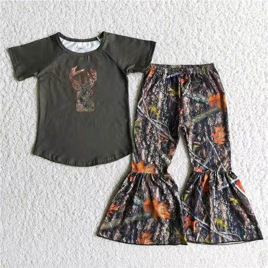 C6-6 camo leaf deer short sleeve bell bottom girl outfit 20231121 RTS