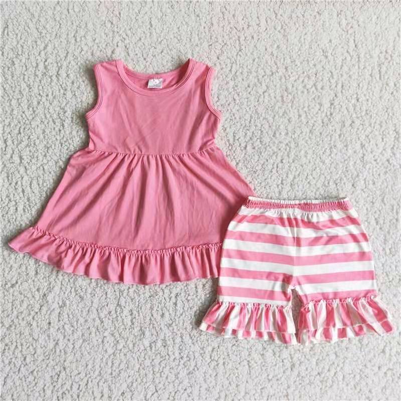 promotion C10-16 pink solid color ruffles white stripe girl short sleeve shorts outfits 20230315 RTS