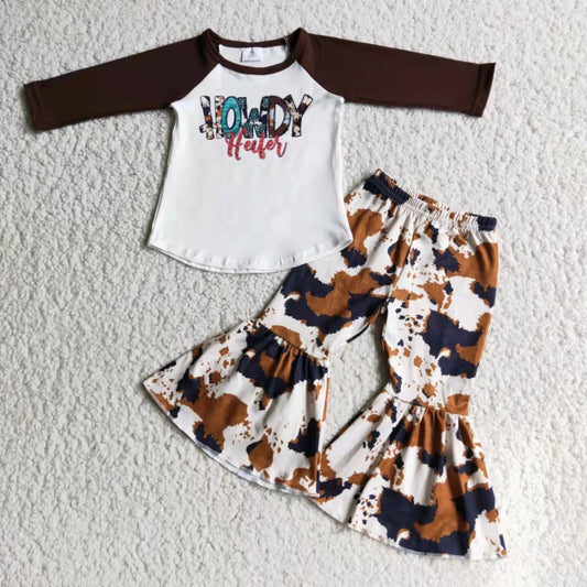 ink painting brown cow print short sleeves bell bottom pant outfit 0318