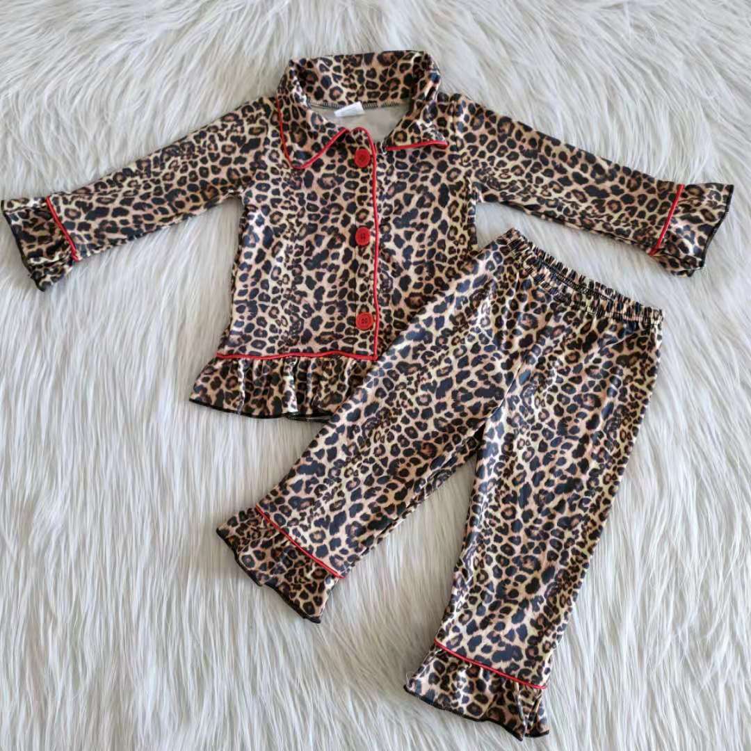 leopard collar button long sleeve top lace pants girl pajamas outfit