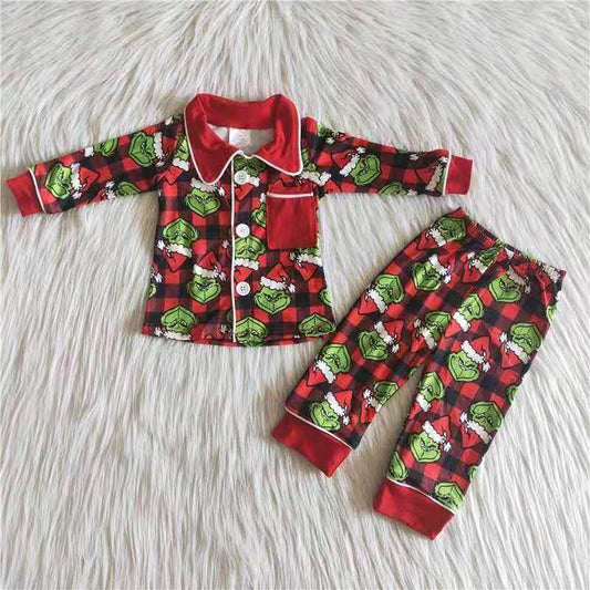 green cartoon boy red pocket collar long sleeve pajamas outfits