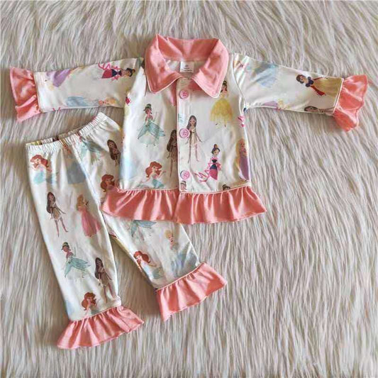 girl lace button pink princess cartoon collar long sleeve pajamas outfits