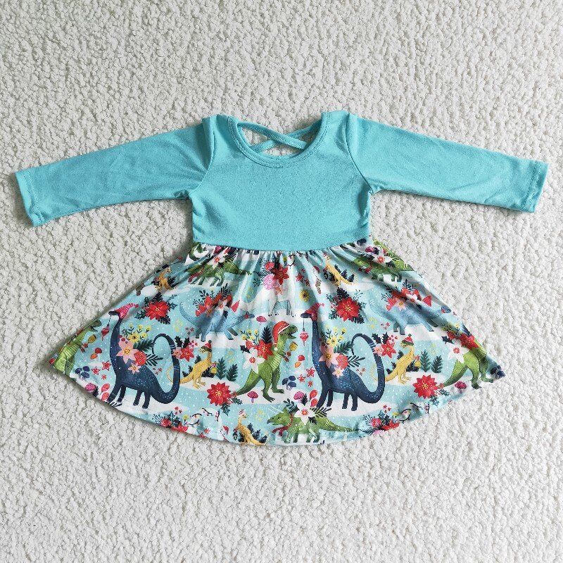 rts 0815 Christmas dinosaur blue long sleeve flower crisscross girl dress