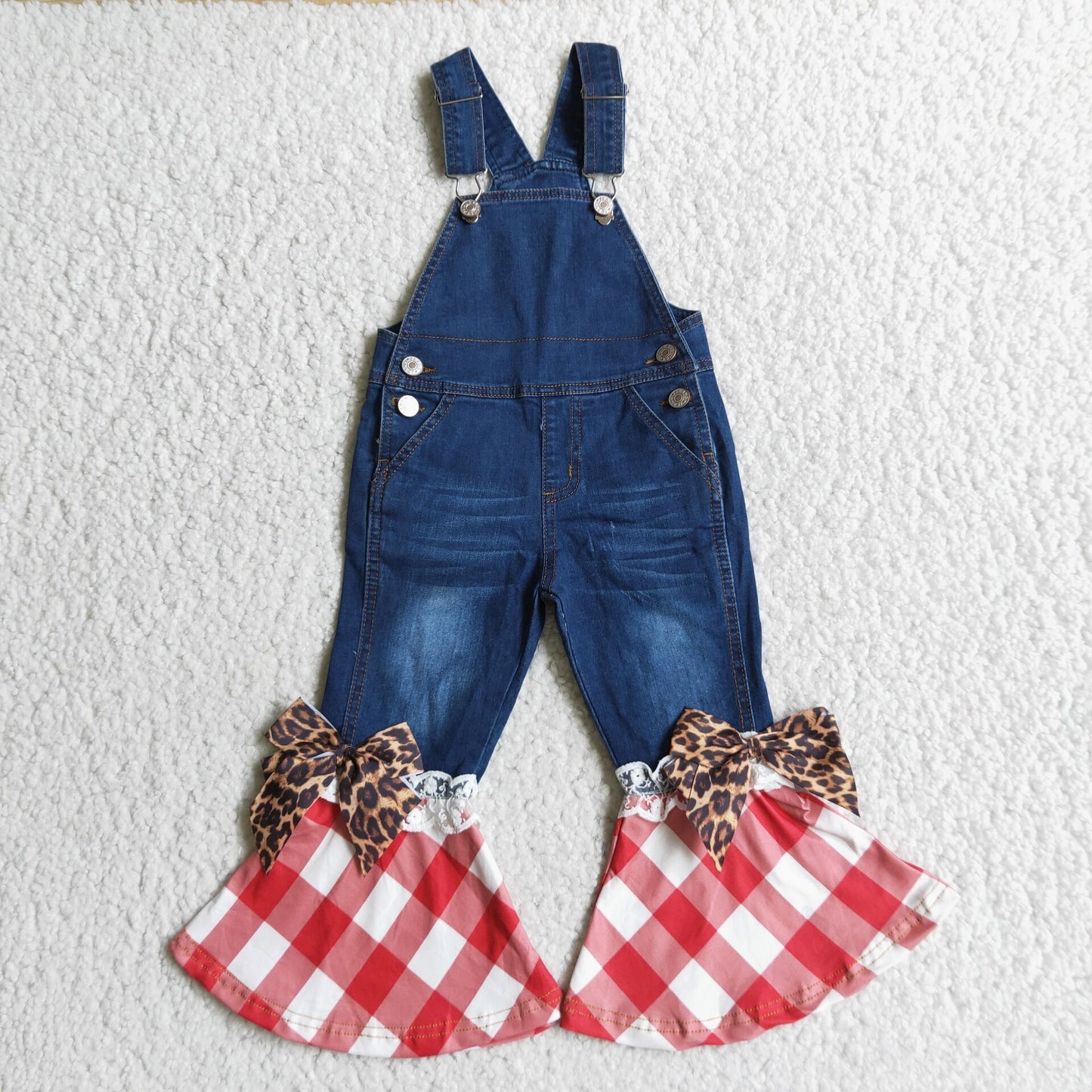 C16-16 Red white plaid bell bottom denim jumpsuit jeans suspender pants RTS 20230720