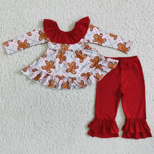 6 B8-5 promotion  Christmas girl red cartoon gingerbread lace big bow long sleeve pant outfit