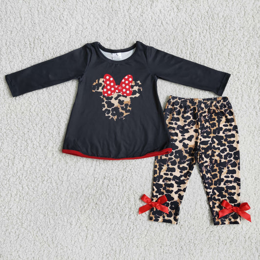 Promotion Girl black cartoon mouse leopard long sleeve legging pant outfit