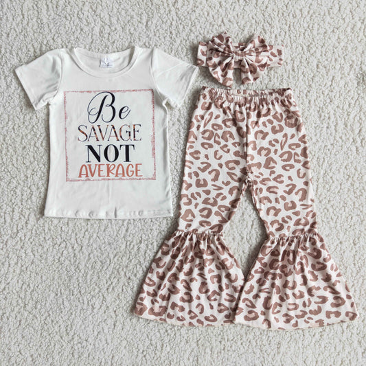 promotion not average white leopard bow letter girl short sleeve bell bottom pant bow headband 3pcs outfit