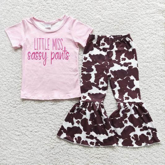 promotion  D10-1 little miss sassy letters pink girl cow print short sleeve bell bottom pant outfit