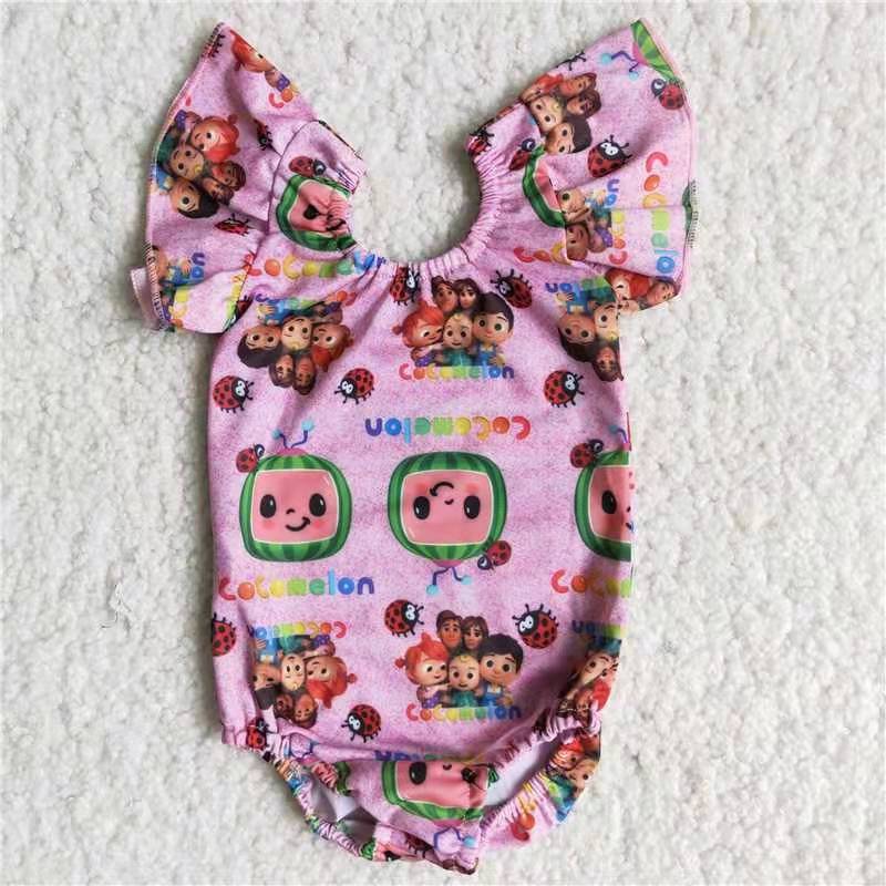 pink watermelon print puffy romper girl swimwear Jan0113