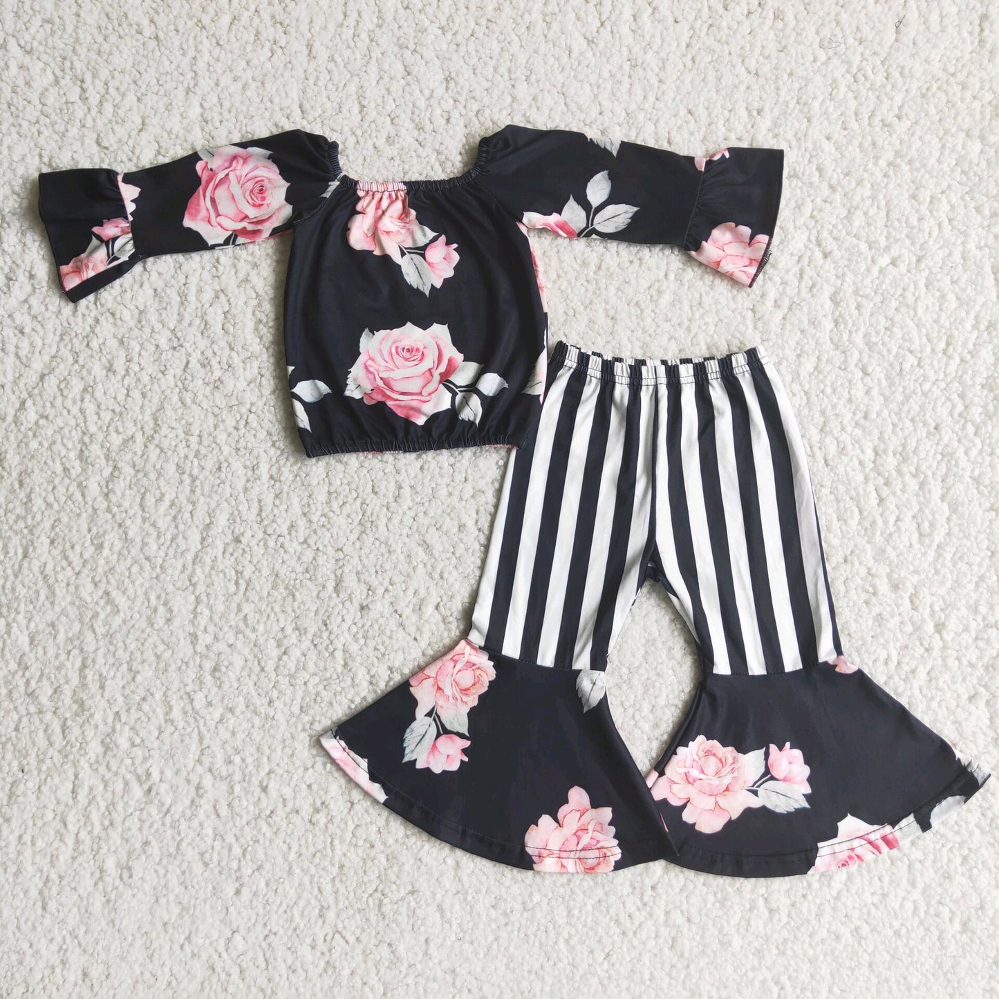 navy blue pink floral stripe long sleeve bell bottom pants girl outfits