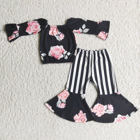 promotion 6 A29-2 navy blue pink floral stripe long sleeve bell bottom pants girl outfits