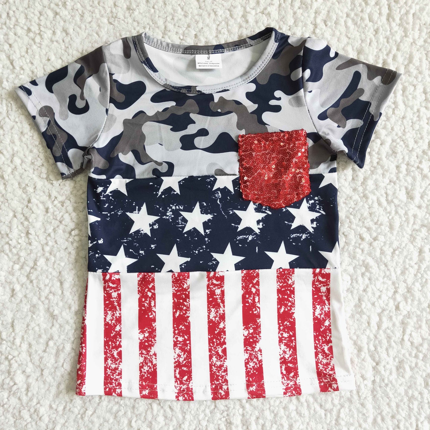 BT0008 4th of July flag sequins pocket camo stars stripes boy short sleeve tops 20230426 RTS