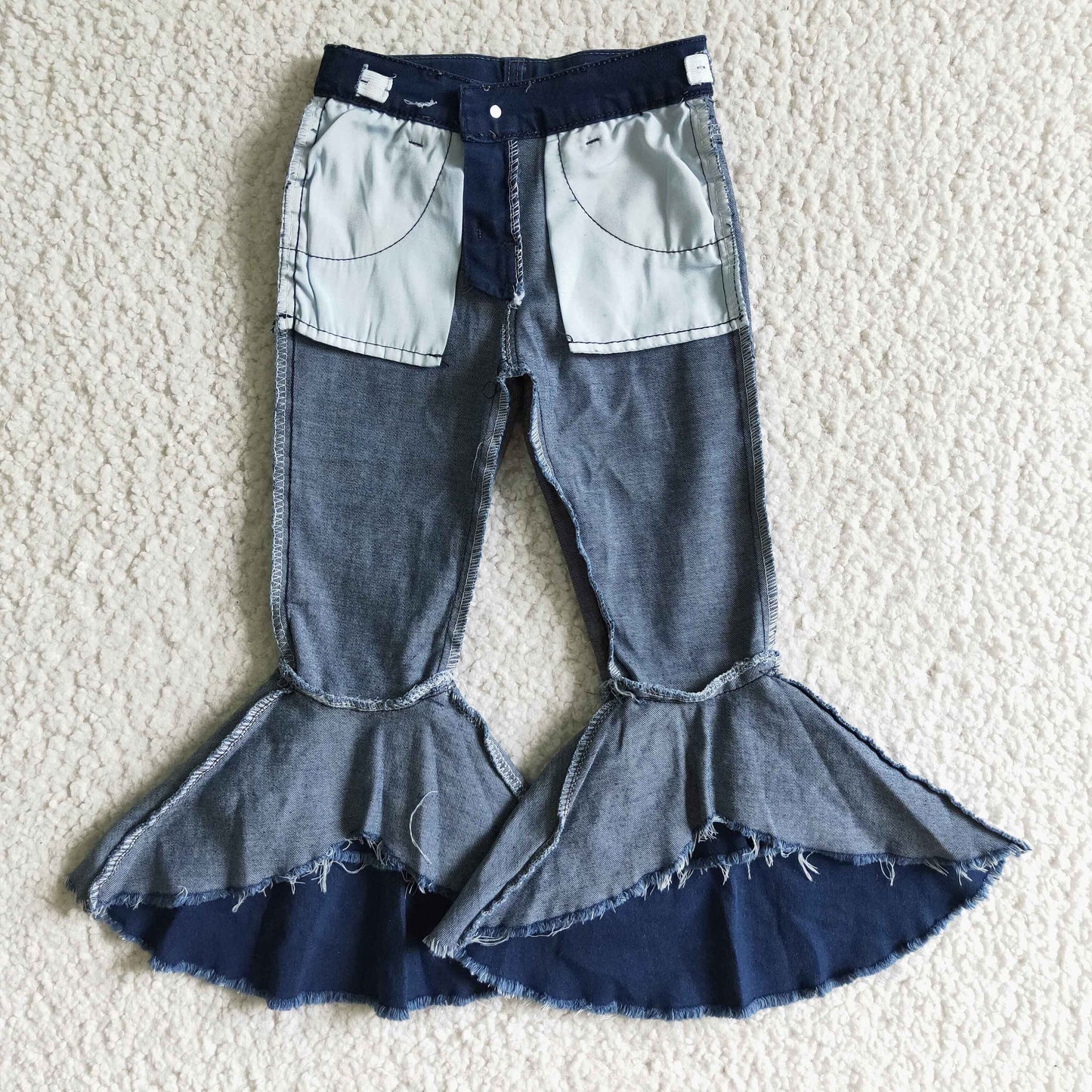 blue ruffle bell bottom denim jeans kids clothes 627 RTS