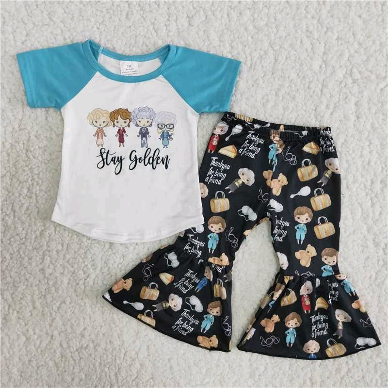 promotion  C6-23 blue raglan cartoon  letters short sleeve bell bottom pant girl outfit 20230807 RTS