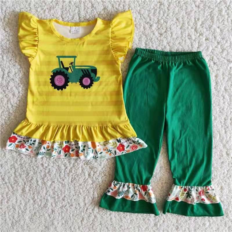 promotion B9-16 tractor top yellow print green pants short sleeve bell bottom outfit 202402