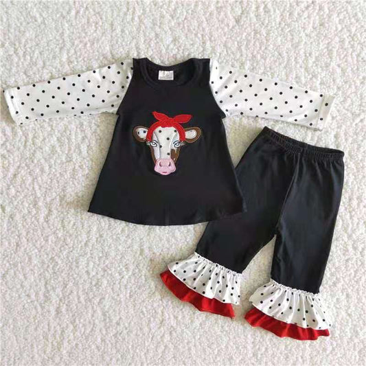 promotion 6 A13-26 cow head embroidery dot red ruffles black long sleeve long pant girl outfit 1129 RTS