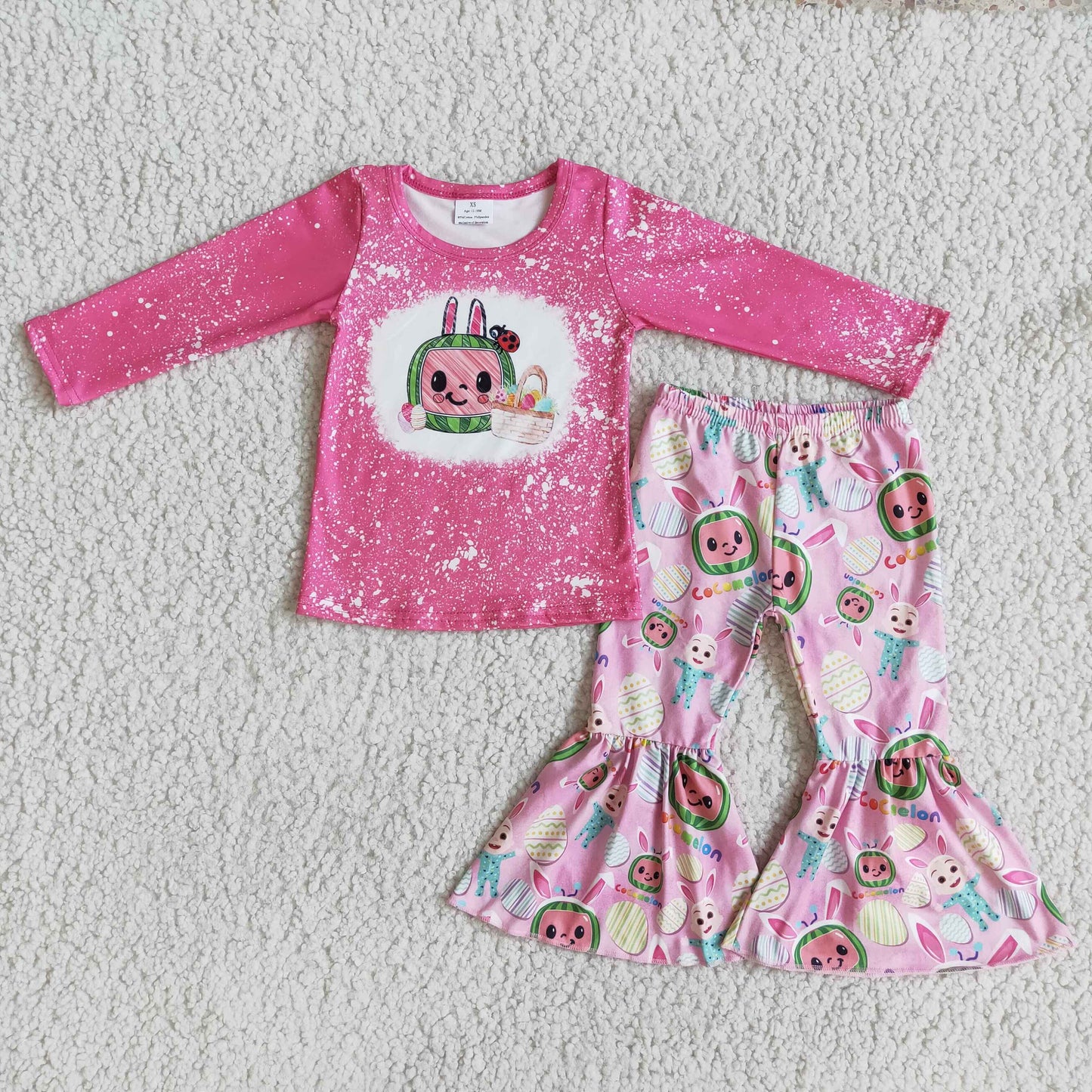 Easter girl pink cartoon rabbit long sleeve bell bottom pants outfit