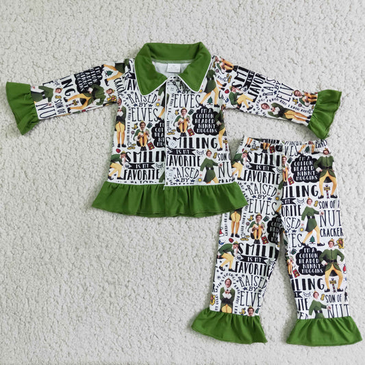 christmas girl cartoon green man button collar long sleeve pajamas outfits 0803 RTS