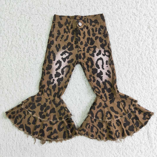 brown leopard bleached double ruffles button jeans denim pant