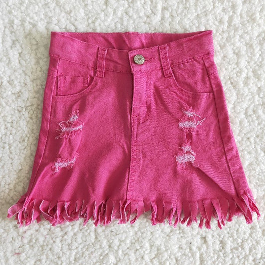 girl red tassels ripped denim skirt