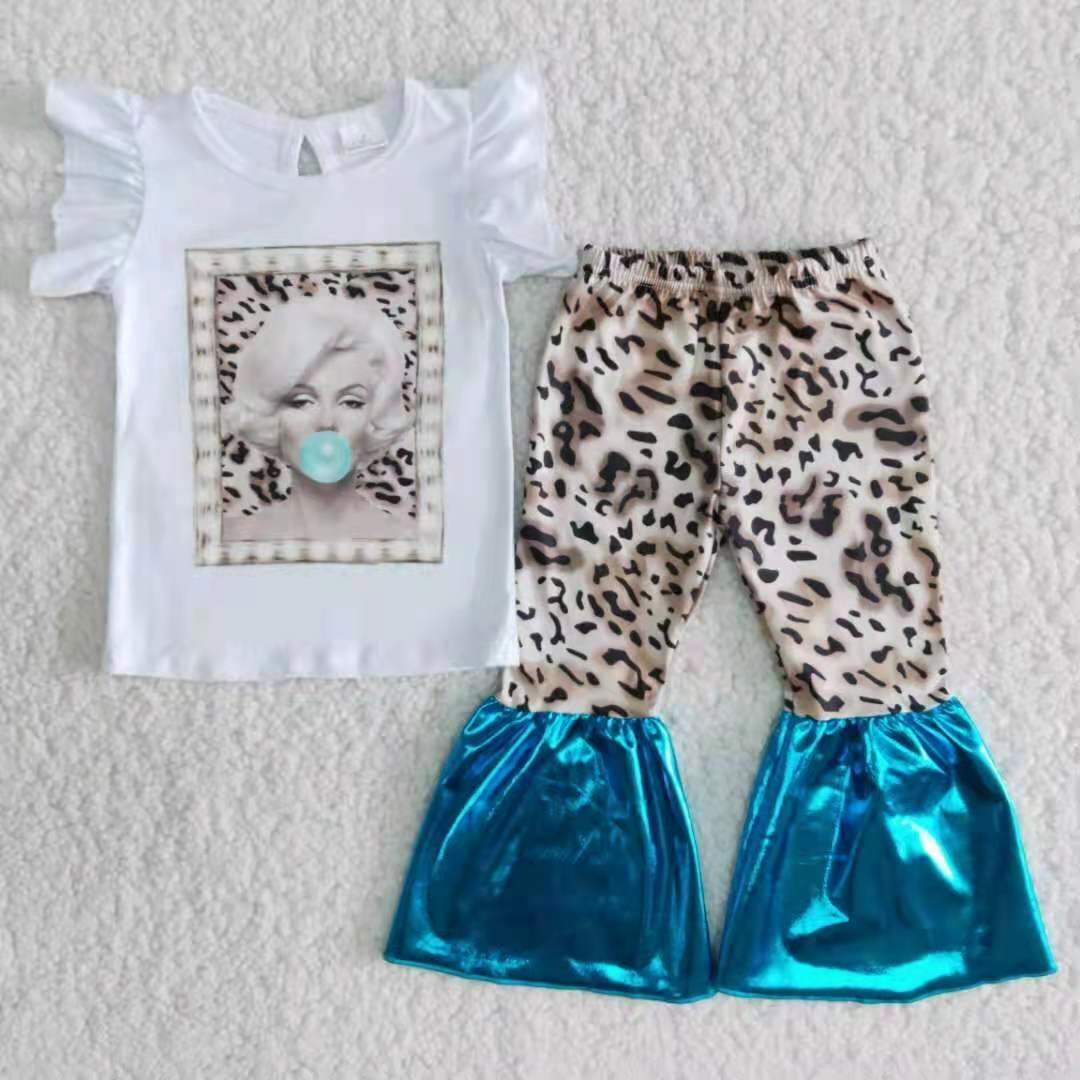 promotion White character leopard print blue short sleeve bell bottom pants outfit rts