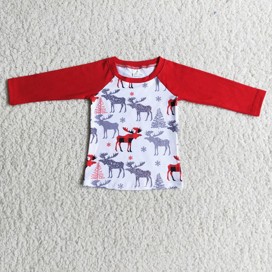 promotion Christmas boy deer red raglan white long sleeve top