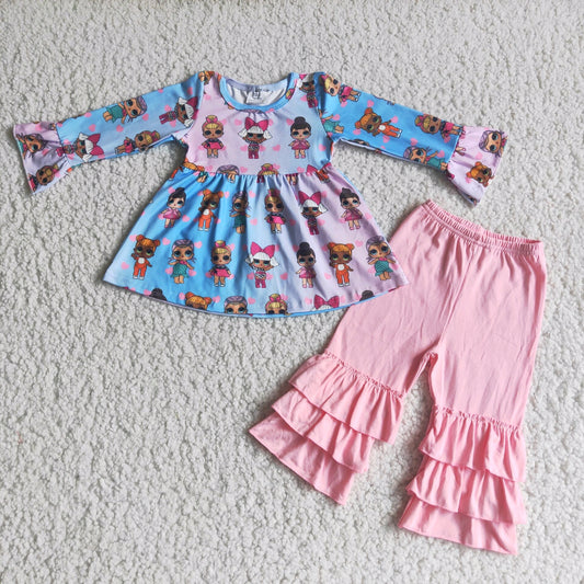 promotion 6 A24-26 blue pink tunic cartoon girl long sleeve pant outfits