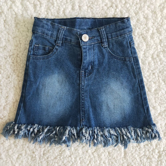 girl button bleached tassels ripped denim skirt