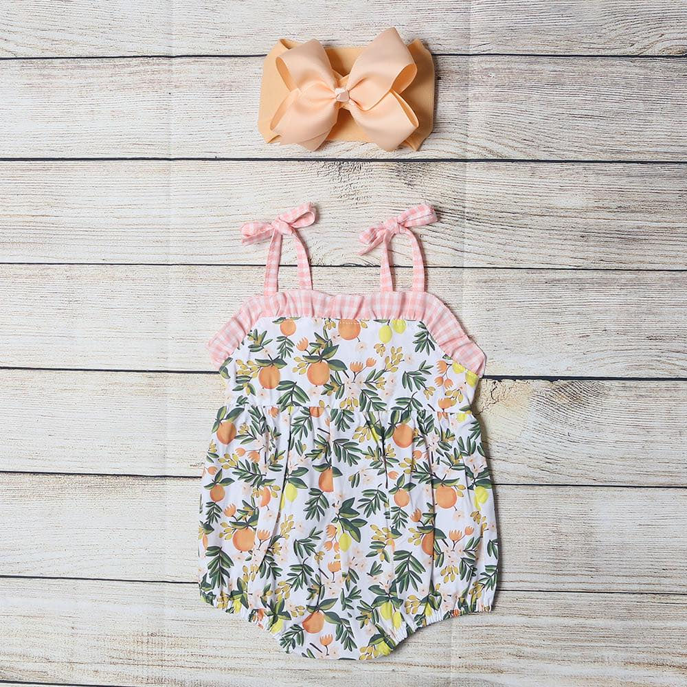 RTS yellow lemon lime orange fruit Begonia print ruffle girl sling pink romper 0518