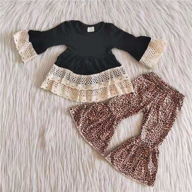 promotion Girl black ruffle double lace tunic leopard print long sleeve bell bottom pants outfits 202312