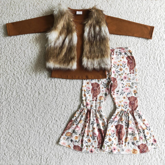 1021 RTS GLP0372 long sleeve flower cow 3pcs vest fur girl outfit