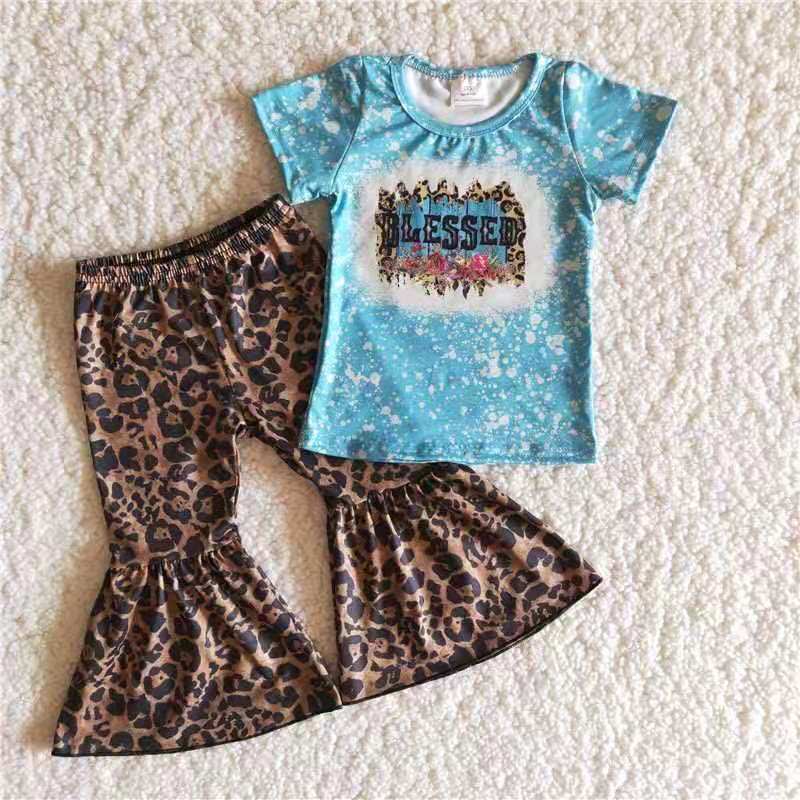 promotion A14-24 girl blue leopard print short sleeve bell bottom pants outfit