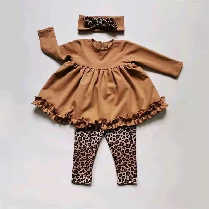 brown dress ruffle leopard long sleeve legging pants outfit girl winter fall clothes