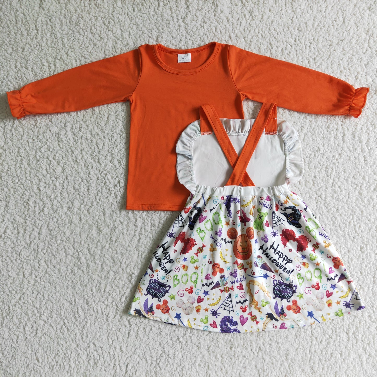 0906 long sleeve orange top halloween overall suspender pumpkin skirt dress girl outfit